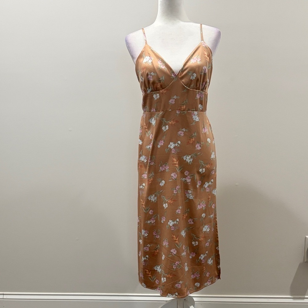 Pink Rose Floral Midi Dress - Tan and Pink